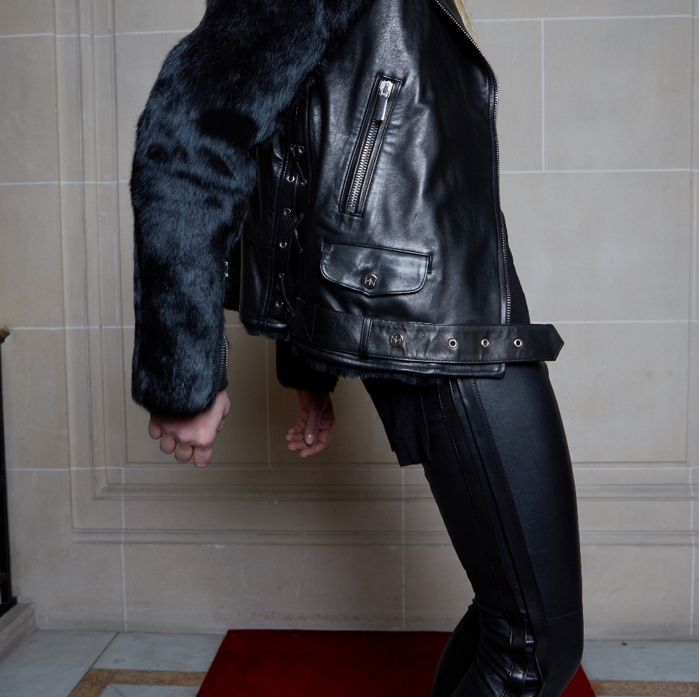 Nour Hammour Leather Black Fur Moto Jacket